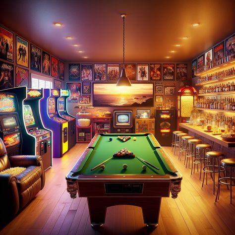 Witness the ultimate man-cave, designed for ultimate fun and relaxation. Enjoy games on the pool table, watch sports on the huge HD flat screen TV, sip on your favorite beer, or simply recline on the leather chair. The room boasts an arcade corner, a vintage jukebox, a well-stocked bar, and rock band posters, making it a paradise for leisure. 

#Mancave #UltimateRelaxation #GameRoom #VintageJukebox #HomeBar #SportsLounge Snooker Bar Design, Arcade Room In House, Cozy Man Cave, Pool Table Bar Aesthetic, Home Gym Corner, Pool Table Arcade Room, Dive Bar Aesthetic Basement, Posters Making, Gym Corner