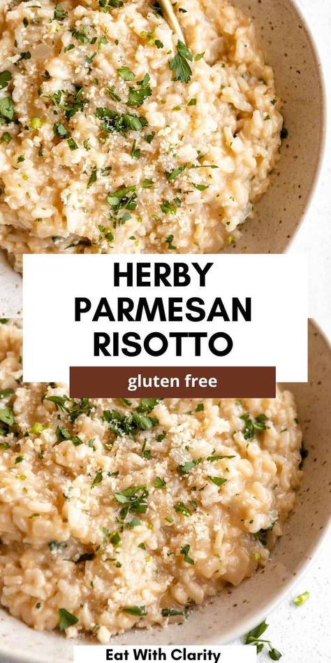 This gluten free parmesan risotto is easy to make, dairy free friendly and loaded with fresh herbs. This risotto is perfect for a side dish for dinner! Dairy Free Risotto, Gf Lunch, Gut Recipes, Gf Snacks, Risotto Recipes Easy, Quick Vegetarian Dinner, Lemon Chicken Pasta, Parmesan Risotto, Dairy Free Pasta