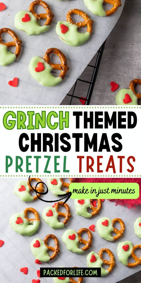 Holiday snacks featuring pretzels dipped in green candy coating with red heart sprinkles, perfect as easy Christmas desserts for a crowd. Cute Christmas Treats, Grinch Christmas Treats, Grinch Snack, A Grinch Christmas, Treats For Christmas, Christmas Party Snacks, Christmas Pretzels, Kids Treats, Christmas Dessert Table