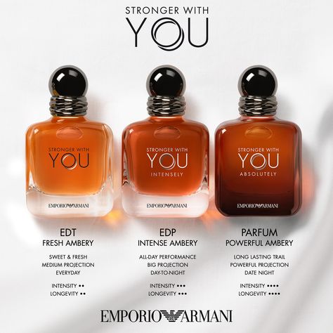 Inspired by the power of love and lust, Armani’s Stronger With You Absolutely Eau de Parfum Spray is a fougere amber fragrance for men with a warm, sensual tone at its core.  Instantly capturing the olfactive attention is a rich rum accord, enveloped in a glazed chestnut casing to strike the senses with a carnal desire as you scent the skin. The smoky nuances are balanced with lavender to add freshness, before vanilla and cedarwood close the trail with a creamy, earthy depth. The sophisticated g Emporio Armani Stronger With You, Armani You, Armani Stronger With You, Amber Fragrance, Best Mens Cologne, Best Perfume For Men, Best Fragrance For Men, Masculine Fragrance, Grande Cosmetics