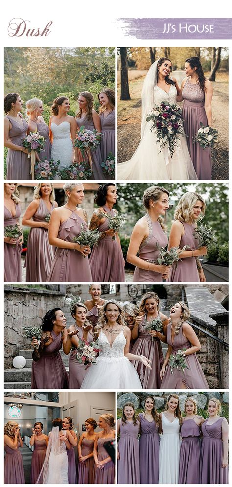 2020 trends will bring dusk bridesmaid dresses into the spotlight! This perfect rustic shade of purple looks fresh and gorgeous for any season and, and will go with any floral bouquets. Bring a romantic touch to your wedding by letting your ladies wear this trendy and soothing color. Let each of your girls decide on their bridesmaid dress style to bring their unique touch to their look. Click on the Pin to discover all our dusk dresses! #JJsHouse #jjshouseofficial #BridesmaidDress #Dusk #Wedding Dusk Color Wedding, Dusty Purple Wedding Dress, Dusty Purple Wedding Theme, Wedding Motif 2023, Dusk Purple Wedding, Dusk Color Palette Wedding, Dusky Purple Bridesmaid Dresses, Dusk Bridesmaid Dresses, Dusk Wedding Colors