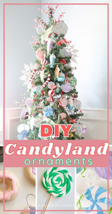 Diy Candy Ornaments, Candyland Christmas Decor, Donut Christmas Tree, Lollipops Diy, Christmas Decor Ideas Table, Large Lollipops, Diy Candyland, How To Make Candy, Candy Decorations Diy