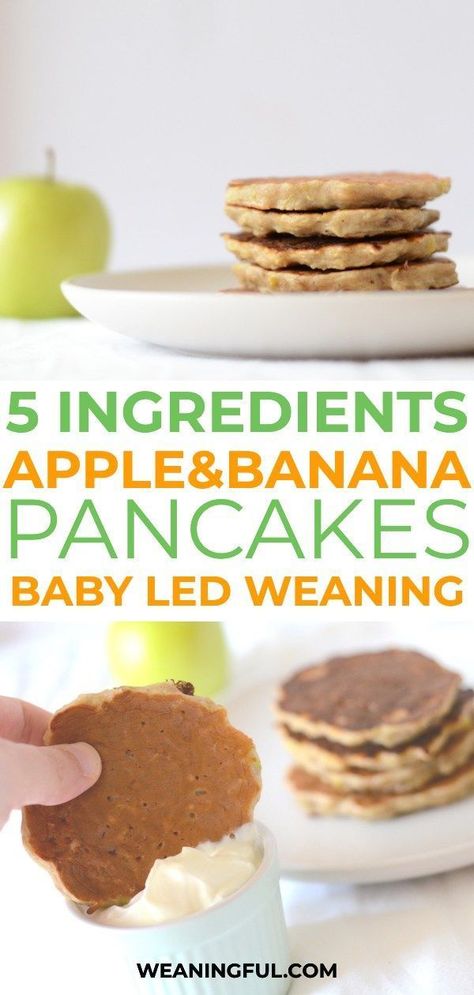 This baby led weaning recipe for baby pancakes is sweetened only with banana and apples and makes great finger food and first food, even for babies with no teeth #blw #babyledweaning #pancakes Banana Pancakes Baby, Pancakes For Baby Led Weaning, Pancakes For Baby, Baby Led Weaning Recipe, Recipe For Baby, Fingerfood Baby, Baby Led Weaning First Foods, Baby Pancakes, Apple Pancakes