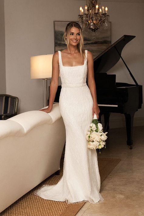 LUCA Square Neck Embellished Gown - Ivory Square Neck A Line Wedding Dress, Square Wedding Dress, Square Neckline Wedding Dress, Minimalist Wedding Gown, Modern Bridal Dress, Wedding Dress Low Back, Embellished Wedding Dress, Glitter Wedding Dress, Embellished Fabric