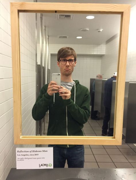 In the beginning of February, Obvious Plant posted photos of a picture frame in the mirror of a men's bathroom at the Los Angeles County Museum of Art. The frame is accompanied by an official-looki... Lacma Museum, Obvious Plant, Unusual Bathrooms, Mens Bathroom, Sick Burns, Los Angeles Museum, People Laughing, Los Angeles County, Photo Op