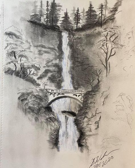 Scenery Pencil Drawing, Landscape Sketch Nature Pencil Drawings, Floating Land Drawing, Sketches Nature, Waterfall Back Tattoo, Waterfall Scenery Drawing, Waterfall Drawing Pencil, Water Fall Drawing Pencil, River Drawing Pencil