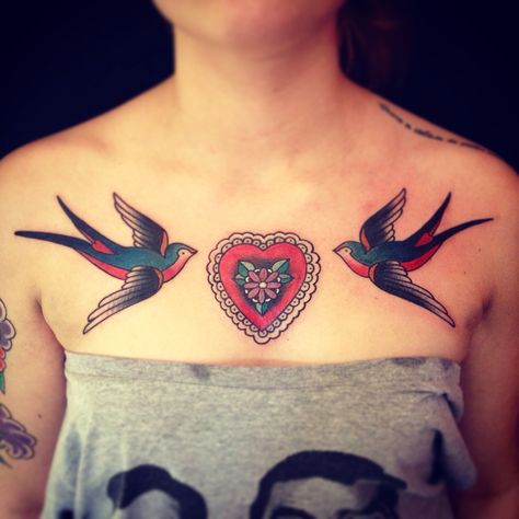 Swallow Tattoo Chest Woman, Swallow Chest Tattoo Female, Swallow Tattoo Chest, Bird Chest Tattoo Female, Traditional Swallow Tattoo, Traditional Chest, Chest Tattoo Female, Tattoo Chest, Cherry Tattoos