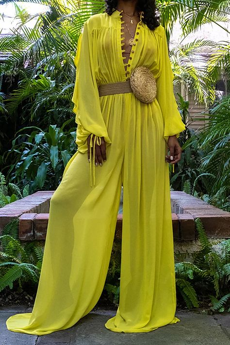 Loragal Chiffon Styles, Black Jumpsuit Outfit, Chiffon Jumpsuit, Yellow Jumpsuit, Mode Kimono, Maxi Jumpsuit, Loose Jumpsuit, Chiffon Fashion, Short Sleeve Jumpsuits