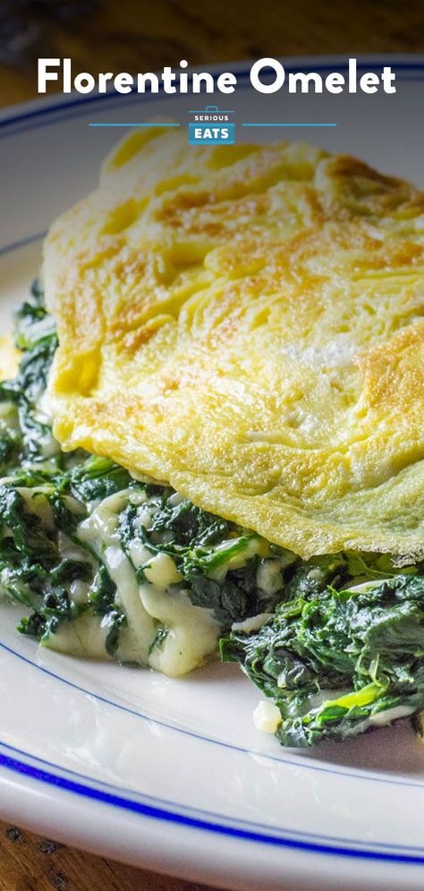 In the world of cooking, dishes labeled "Florentine" almost always feature spinach, so it's no surprise that that's the calling card of this classic omelette. To round out all those healthy green leaves is a generous amount of melted Gruyere or Swiss cheese, but don't let the short ingredient list fool you: This omelette is packed with flavor. It's also packed with a generous amount of filling, which makes this five-egg omelette a meal that can easily fill two people. #Omelette #SeriousEats Egg Spinach Omelette, Spinach Omelette Recipe Breakfast, Gourmet Omelette, Omelettes Recipe, Veggie Omelette Recipe, Spinach Omelette Recipe, Omelette With Spinach, Ham And Cheese Omelette, Omlet Recipes