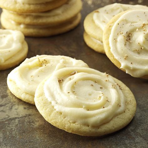 Frosted Eggnog Cutout Cookies Cutout Cookies Recipe, Apple Stack Cake, Eggnog Dessert, Caramel Pecan Cheesecake, Christmas Eggnog, Coconut Cream Cake, Eggnog Cookies, Cut Out Cookie Recipe, 2023 Recipes