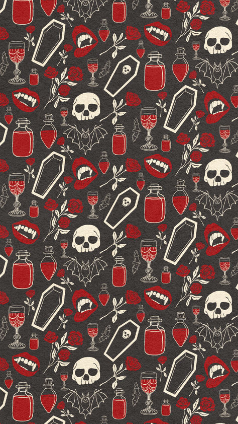 Vampire motifs that make up a halloween pattern Halloween Valentines Wallpaper, Vampire Phone Wallpaper, Spooky Valentines Wallpaper, Halloween Patterns Wallpaper, Horror Phone Wallpaper, Phone Background Winter, Vampire Pattern, Vampire Background, Beautiful Phone Backgrounds