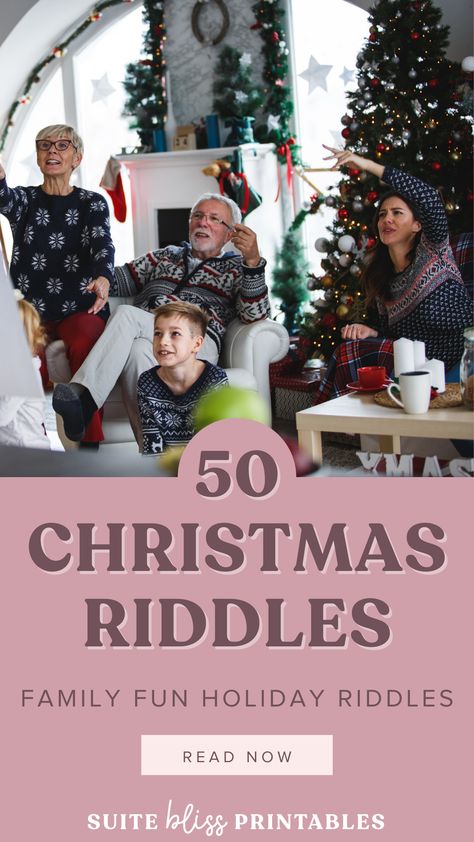 This list of Christmas riddles includes full-blown Christmas themes and a mixture of regular riddles to keep it interesting! So, gather around the Christmas tree or snuggle up by the fireplace and get your riddle on! These riddles are sure to bring joy and laughter to your celebrations. Plus, if you really love riddles, you can buy our full pack of 100 Christmas riddles at the end of the blog. #Christmasriddles #Christmasgames #familygames #printablegames Christmas Dingbats, Christmas Riddles For Adults, Christmas Gift Riddles, Christmas Riddles With Answers, Funny Christmas Songs, Christmas Riddles, Christmas Date, Christmas Jokes, 50 Christmas