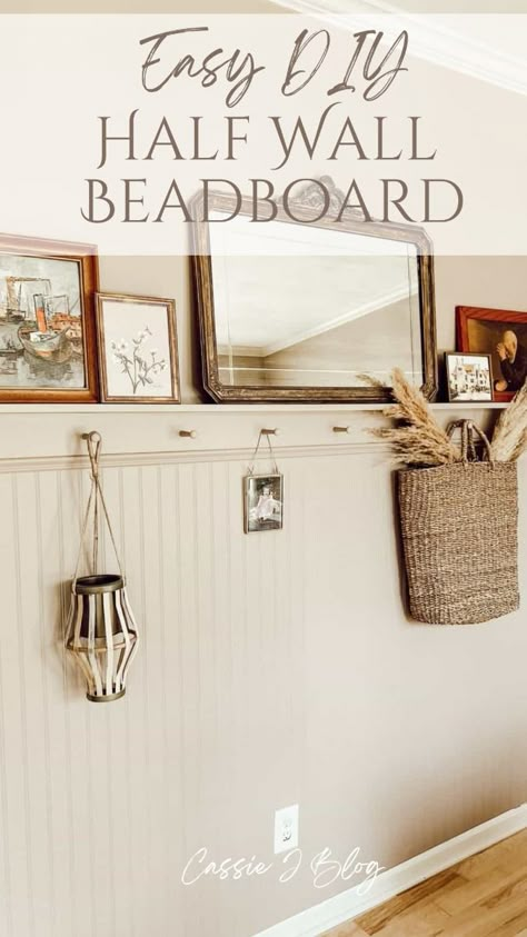 If you are searching for an awesome accent wall idea, look no further than this half wall beadboard with a shaker style peg rail on top. It's so cute for hanging decor. Try this easy DIY and check out the blog for more home inspo. Bead Board With Chair Rail, How To Bead Board Wall, Board And Batten Wall With Coat Hooks, Shiplap Half Wall Hallway, Hallway Statement Wall, Laundry Room Ideas With Beadboard, Diy Board And Batten Wall With Shelf, Chair Rail With Beadboard, Board And Batten With Peg Rail