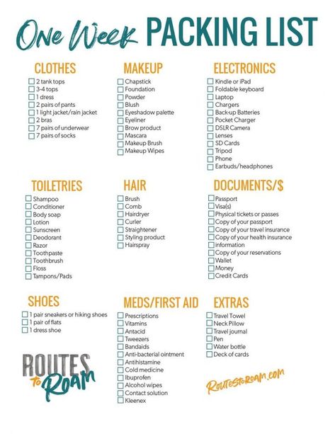 One Week Packing Checklist for a week long vacation - A printable packing list to keep you organized when you travel #packinglist #packing #travel #traveltips #organization One Week Packing List, Week Packing List, Beach Vacation Packing, Printable Packing List, Travel Packing Checklist, Camping Snacks, Ultimate Packing List, Road Trip Packing List, Road Trip Packing