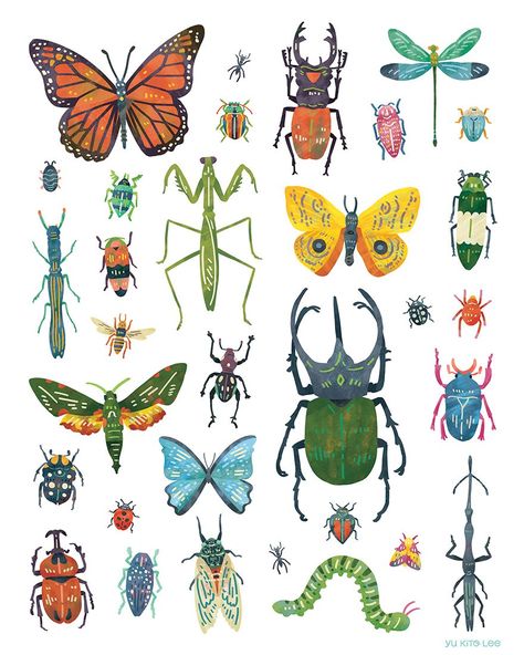 Nature — Studio Yuey: Illustration by Yu Kito Lee Cute Bugs Illustration, Bug Painting Ideas, Bugs Painting, Bug Patterns, Bugs Illustration, Bug Painting, Insects Illustration, Bug Illustration, Bugs Drawing