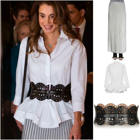 Queen Rania on April 14, 2016, wearing a Azzedine Alaia poplin shirt, leather laser cut waist belt also by Alaia and a Proenza Schouler Pre Fall 2016 knit skirt Alaia Belt Outfit, Alaia Outfit, Alaia Belt, Executive Style, Belt Outfit, Retail Store Interior Design, Noble Lady, Executive Fashion, Pre Fall 2016