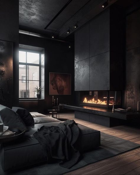 All Black Home Interior, Dark Modern Design, Dark Home Esthetics, Dark Cozy Interior Design, Dark Home Interior Design, Dark Minimalist Home, All Black Home, All Black Interior Design, Black Minimalist Aesthetic