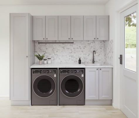 Laundry Galley Style, Top Loader Laundry Room Ideas With Sink, Beach House Laundry Room, Laundry Designs, Laundry Bathroom Combo, Laundry Inspiration, Garage Utility, Laundry Reno, Room Organizers