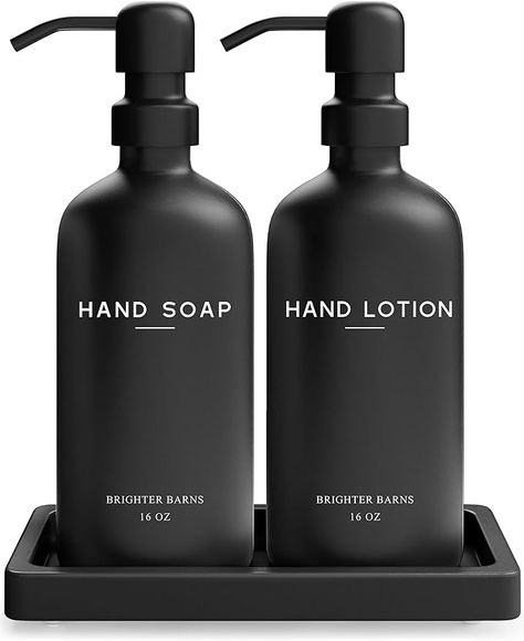 Amazon.com: Black Glass Soap Dispenser Bathroom Set by Brighter Barns - Modern Soap and Lotion Dispenser Bathroom Set - Liquid Hand Soap Dispenser Tray and Pump Set - Black Bathroom Accessories & Decor (Black) : Home & Kitchen Soap And Lotion Dispenser Set, Glass Soap Dispenser Bathroom, Soap Dispenser Tray, Bathroom Dispensers, Soap Dispenser Bathroom, Bathroom Containers, Black Bathroom Accessories, Glass Soap Dispenser, Hand Soap Dispenser