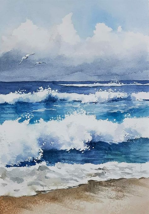 Drawing Ideas Easy Aesthetic, Watercolor Wave, Learn Watercolor Painting, Drawing Ideas Easy, Landscape Quilts, Diy Watercolor Painting, Watercolor Projects, Seascape Art, Beach Watercolor