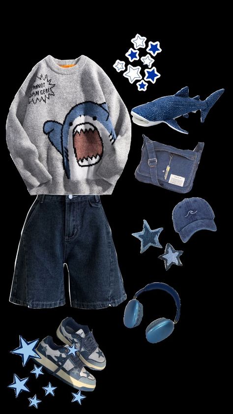 Shark Outfit Ideas, Shark Aesthetic Outfits, Blue Grunge Aesthetic Outfit, Ocean Core Clothes, Shark Core Outfits, Watercore Outfits, Shark Inspired Outfit, Seacore Outfit, Shark Hoodie Outfit