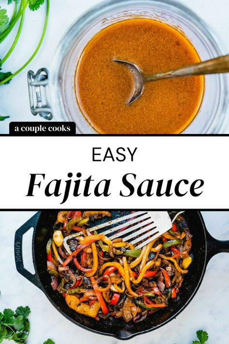 This flavor-packed fajita sauce recipe works for beans, chicken, steak or shrimp! It's quick to put together with a handful of ingredients. #fajita #fajitas #fajitasauce #recipe #fajitasaucerecipe Fajita Sauce Recipe, Beef Fajita Marinade, Fajita Sauce, Vegetarian Fajitas, Salad Dressing Recipes Healthy, A Couple Cooks, Beef Fajitas, Vegan Recipes Plant Based, Taco Pizza