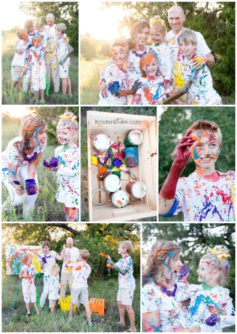 Paint Fight Family Pictures! {Our Christmas Card} Paint Photography Ideas, Family Photos Fun Creative, Family Photo Painting Ideas, Rainbow Family Pictures, Fun Family Portrait Ideas, Messy Family Photos, Paint Mini Session, Fun Family Photo Ideas Creative, Fun Family Picture Ideas