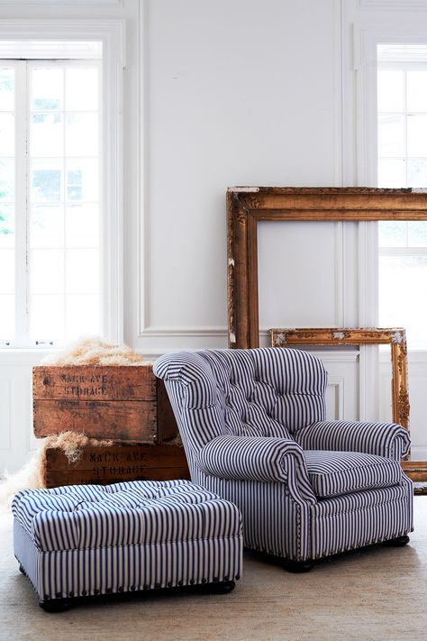 Ralph Lauren Home's tufted Writer's Chair and Ottoman reimagined in blue & white Ryan Stripe fabric Ottoman Furniture, Striped Chair, Tufted Chair, Decoration Inspiration, Ralph Lauren Home, Architectural Digest, Beach Houses, A Mirror, Chair And Ottoman