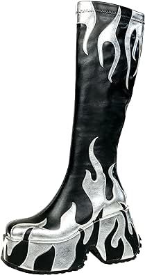 Thick Sole Boots, Alt Shoes, Chunky Sole Boots, Silver Flames, Round Toe Boots, Rave Babe, Goth Boots, Punk Shoes, Silver High Heels