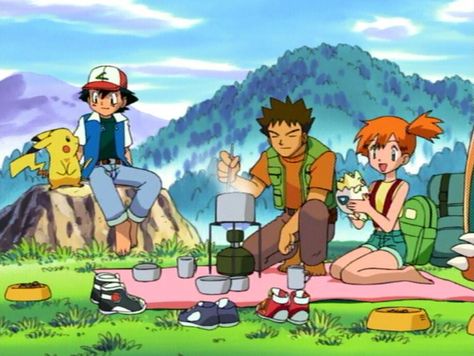 Ash Brock And Misty, Pokemon Scenery, Ash Misty Brock, Ash Misty And Brock, Misty And Brock, Brock Pokemon, Pokemon Indigo League, Forest Picnic, Johto Region