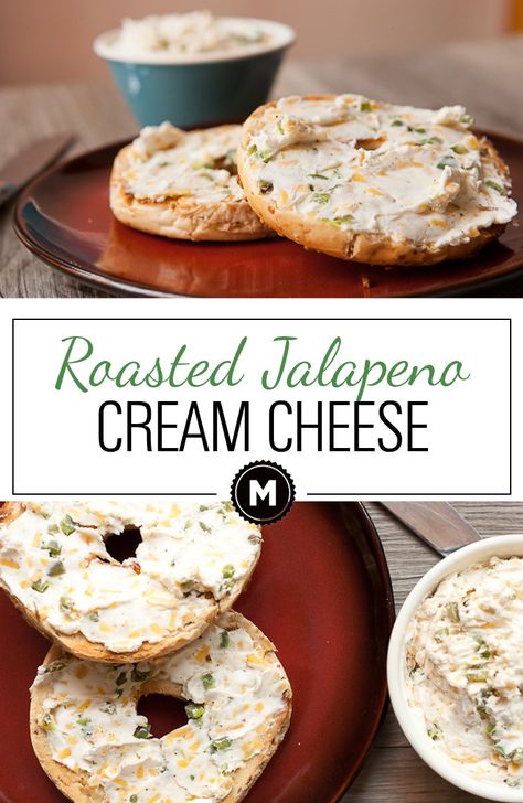 Jalapeno Cream Cheese - roasted jalapenos and cheddar mashed in with cream cheese is the perfect savory topper for toasted bagels! Roasted Jalapenos, Jalapeno Cream Cheese, Cream Cheese Spread Recipes, Bagel Spread, Cheesy Breakfast, Cheese Spread Recipes, Flavored Cream Cheeses, Cheese Spreads, Cream Cheese Spread