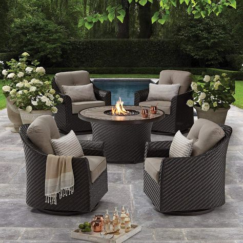 AmazonSmile : Member's Mark Agio Heritage 5-Piece Outdoor Fire Pit Chat Set with Sunbrella Fabric : Garden & Outdoor Fire Pit Sets, Fire Pit Furniture, Cozy Backyard, Teak Outdoor Furniture, Patio Fire Pit, Outdoor Couch, Outdoor Patio Furniture Sets, Backyard Fire, Outdoor Patio Decor