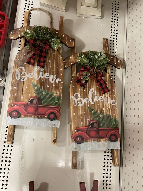 Dollar Tree Sled Ornament, Dollar Tree Wooden Sleds, Christmas Crafts To Sell Bazaars, Sled Ornaments, Christmas Sled Decoration, Christmas Sleigh Decorations, Christmas Bazaar Ideas, Christmas Sled, Christmas Crafts To Sell