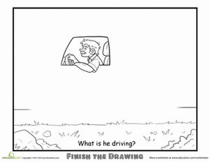 Second Grade People Vehicles Worksheets: Finish the Drawing: What is he Driving? Driving Drawing, Finish The Drawing, Transportation Preschool, Morning Activities, Art Worksheets, Drawing Activities, Drawing Prompt, Homeschool Art, Teaching Classroom