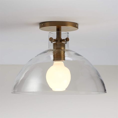 Dakota Brass Flush Mount Light with Large Clear Glass Dome + Reviews | Crate & Barrel Kitchen Window Lighting, Timeless Light Fixtures, Light Over Sink, Brass Flush Mount Light, Flush Lights, Brass Flush Mount, Light Balance, Spanish Revival Home, Kitchen 2023