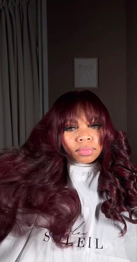 Burgundy Bangs Black Women, Red Sew In With Bangs, Red Bang Wig Black Women, Red Closure Sew In, Burgundy Bangs, Burgundy Wig With Bangs, Dyed Wigs, Red Sew In, Red Wig With Bangs