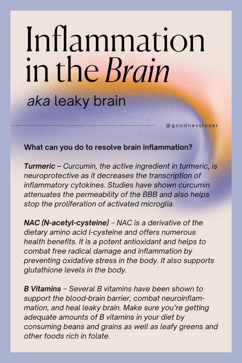 Do you ever experience brain fog where you can’t think clearly and you just can’t put two and two together? You may have leaky brain. Like leaky gut, leaky brain is where gut-induced inflammation causes the blood-brain barrier to become “leaky,” allowing infectious agents and pathogens to enter the brain. This induces an immune response which causes brain inflammation and leads to brain fog, memory problems and cognitive decline associated with many neuro-degenerative diseases. Supplements For Brain Fog, Brain Fog Causes, Holistic Womens Health, Brain Inflammation, Health Reset, Brain Issues, Inflammation Recipes, Cognitive Decline, Spinal Fluid