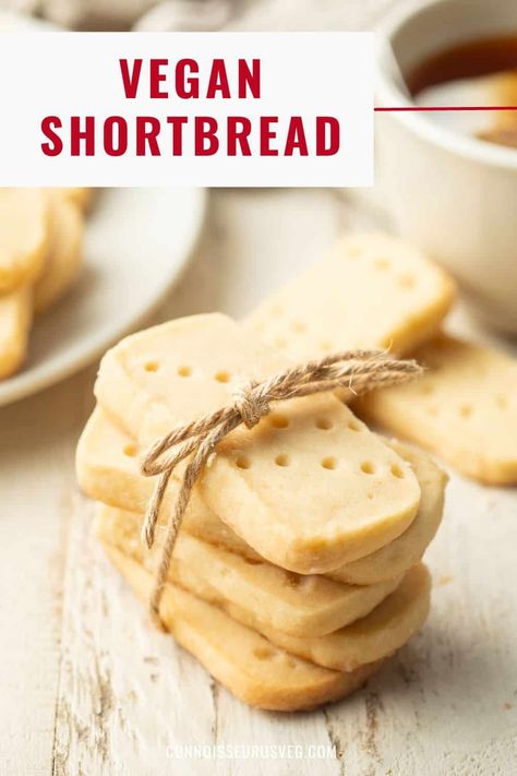 These vegan shortbread cookies are delicious and so tender they practically melt in your mouth. They're also super easy to make with only four ingredients! Vegan Shortbread Cookies, Healthy Vegan Cookies, Easy Vegan Cookies, Vegan Shortbread, Vegan Snack Recipes, Vegan Cookies Recipes, Vegan Chocolate Chip Cookies, Shortbread Cookie Recipe, Healthy Cookie Recipes