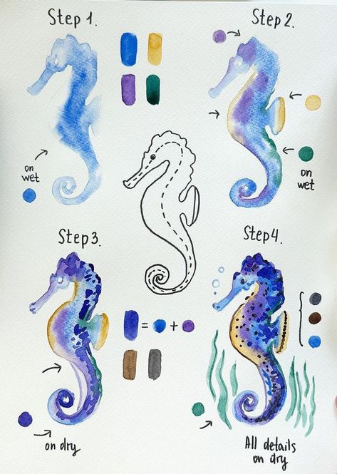 Watercolor Sea Animals Tutorial, How To Paint A Seahorse, Seahorse Watercolor Painting, Watercolor Art Sea Animals, Under The Sea Watercolor Painting, Watercolour Seahorse, Watercolor Beach Tutorial, Watercolor Doodles Easy, Watercolor Steps