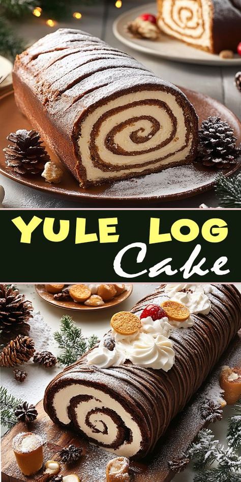 Bring holiday cheer to your table with this easy Yule Log Cake Recipe 🎂! Delicious, festive, and sure to impress your guests. #HolidayBaking #ChocolateDesserts #YuleLogCake #ChristmasBaking #FestiveRecipes Peppermint Yule Log Cake, Easy Christmas Yule Log Cake, Xmas Yule Log Cake, Christmas Log Dessert, Yule Log From Box Cake, Yule Log Easy Recipe, Easy Christmas Yule Log Cake Recipe, Yule Log Cake With Cream Cheese Filling, Yule Log Filling Recipe