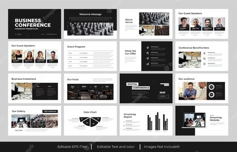 Premium Vector | A black and white presentation for a conference conference powerpoint presentation design Press Conference Design, Black And White Presentation, Event Design Branding, Conference Presentation, Data Charts, Conference Design, Powerpoint Presentation Design, Event Program, Business Investment