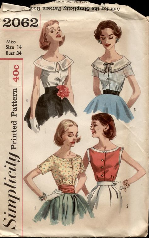 Scoop Neckline Blouse, Vintage Blouse Pattern, 1950s Blouse, 1950s Patterns, 1950s Sewing Patterns, Design Moda, Scoop Neck Blouses, Blouse Pattern Sewing, Simplicity Sewing