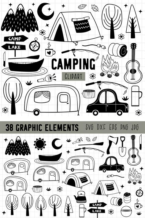 Camping Doodles Simple, Camping Stencils, Rv Clipart, Tent Doodle, Rv Drawing, Camping Drawings, Camping Doodles, Rain Cloud Tattoos, Camper Drawing