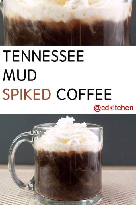 Tennessee Mud Spiked Coffee - This boozy coffee will definitely warm you up on a cold day. It's made with coffee, amaretto, and whiskey and topped with some fluffy whipped cream. Made with amaretto, whiskey, hot coffee, whipped cream | CDKitchen.com Spiked Coffee Recipe, Alcoholic Coffee Drinks, Spiked Coffee, Mud Coffee, Hot Coffee Drinks, Slim Down Drink, Coffee With Alcohol, Banana Drinks, Whiskey Drinks