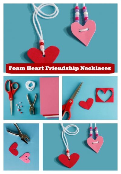 Looking for a great Valentine's Day Craft Idea? Try these cute Foam Heart Friendship Necklaces! Friendship Crafts, Friendship Heart, Heart Ideas, February Crafts, Easy Valentine Crafts, Class Valentines, Valentine's Day Crafts For Kids, Preschool Valentines, Valentine Crafts For Kids