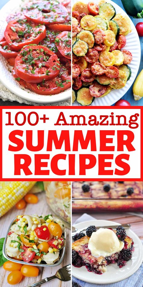 Summer Recipes collage with text showing summer salad recipes, summer pasta salads, summer desserts, summer produce, summer drinks, and more! Summer Carry In Dishes, Summer Recipes Grill, Easy Summer Dinner Ideas Simple, Summer Time Meal Ideas, Cool Dishes For Hot Days, Summer Garden Recipes, Summer Eats, Best Summer Recipes, Cool Dinners For Hot Days Summer