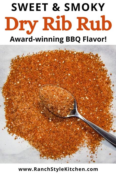 Dry rib rub in a silver spoon laying on top of spilt dry rib rub on a white piece of parchment paper. Pork Rib Rub Recipe, Rub For Pork Ribs, Pork Rub Recipe, Rib Rub Recipe, Barbecue Seasoning, Bbq Rub Recipe, Bbq Dry Rub, Homemade Dry Mixes, Bbq Pork Ribs