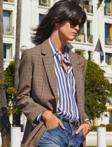 Checkered Blazer Outfit, Plaid Suits Women, Casual Work Style, Checkered Blazer, Blazer Outfits For Women, Blue Striped Shirt, Plaid Suit, Brown Blazer, Checked Blazer