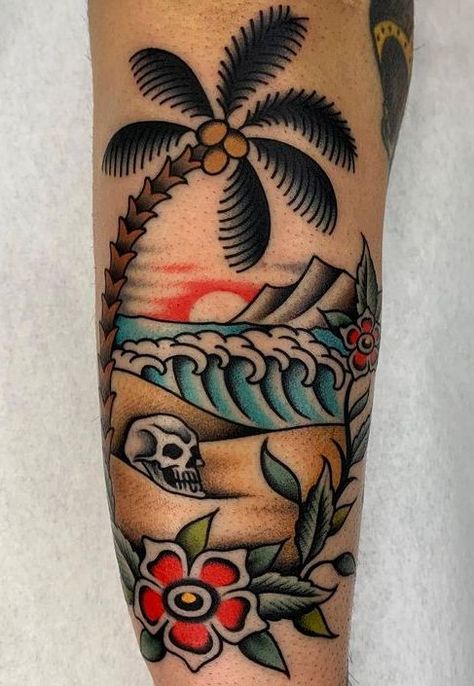 Traditional Tattoo Knee, American Traditional Tattoo Ideas, Vintage Tattoo Design, Traditional Tattoo Ideas, Sailor Jerry Tattoos, Water Tattoo, Palm Tattoos, Quality Tattoo, Palm Tree Tattoo