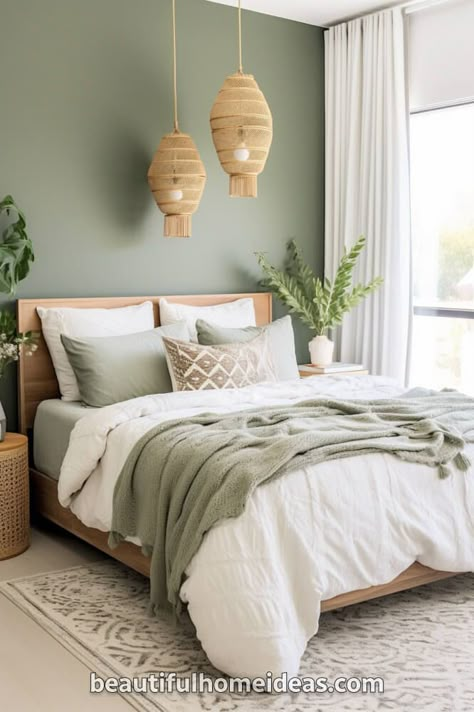 Bedroom Green Gold White, Duvet Covers Sage Green, Bedroom Ideas Sage Green And White, Minimalist Bedroom With Green, Muted Colorful Bedroom, Muted Color Palette Bedroom, Cute Bedroom Ideas Green, Sage Bedroom Inspirations, Sage And Cream Bedroom Ideas